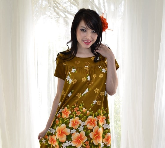 Olive Green Vintage 60s Muu Muu Hawaiian Dress M Ui by empressjade from etsy.com