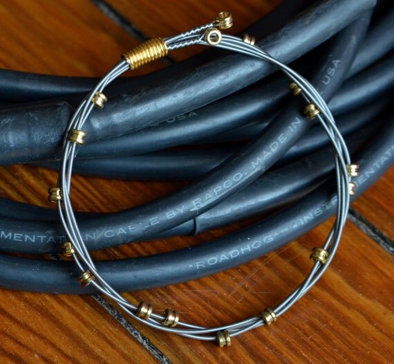Recycled Guitar String Bangle with Brass Ball End 'Beads'