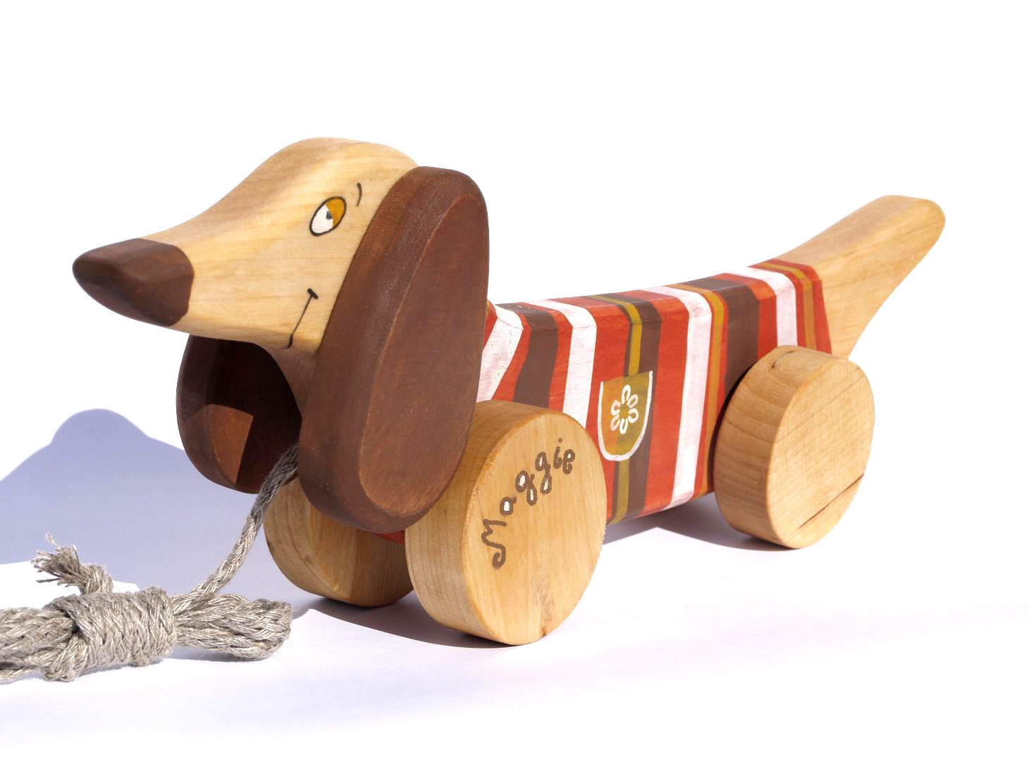 Personalized Wooden Dog, eco-friendly natural pull along toy a Red Dog