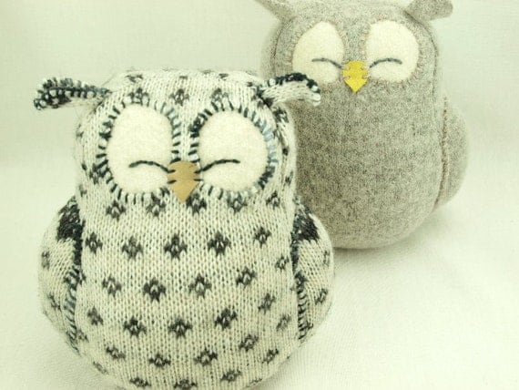 White and Dark Grey Sleepy Owl  Patterned  Felted Wool Lamb Wool Stuffing Home Decor Nursery Eco Friendly Upcycled Height 7"
