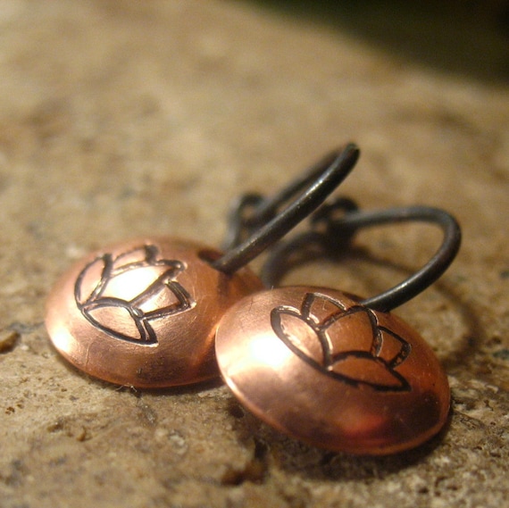 Little Hoop Earrings Lotus Dangles Oxidized Sterling Silver with Copper Dangle Itty Bitty Hoops Collection