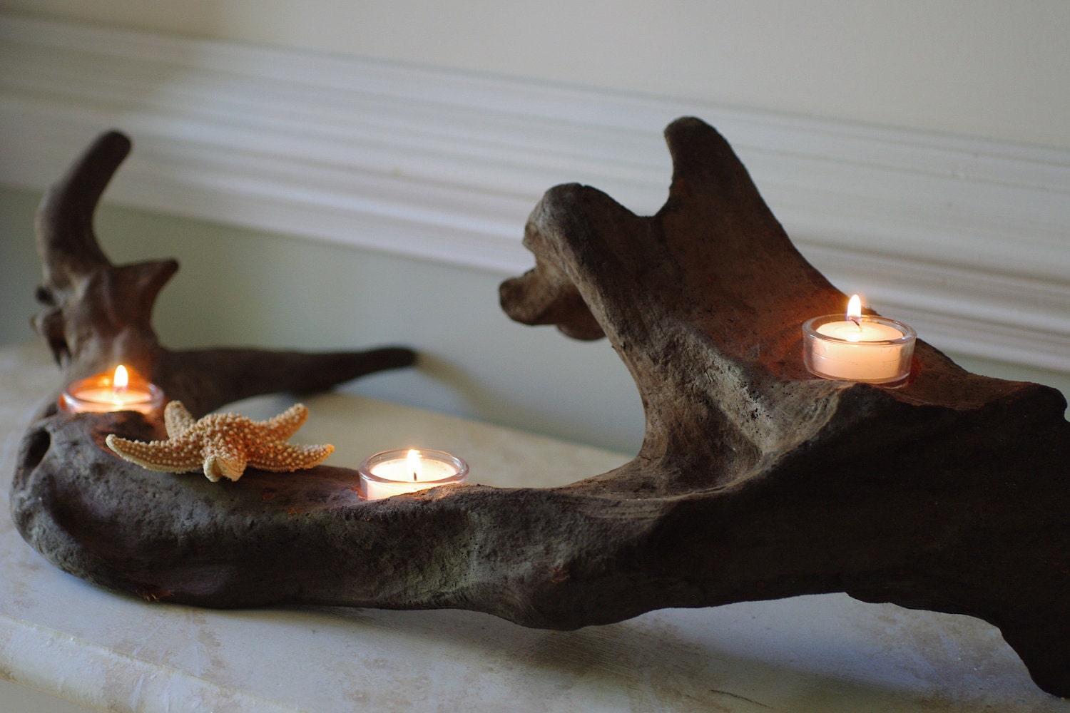 Three Votive Driftwood Candle Holder with Sugar Starfish