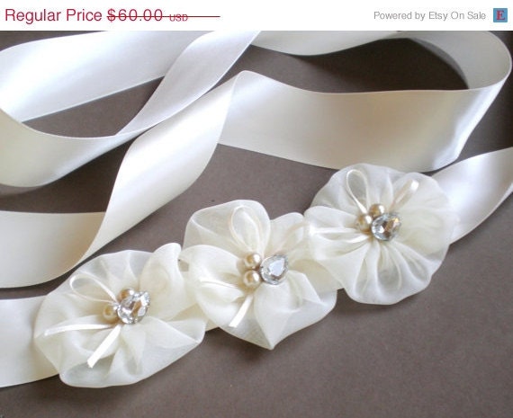 SPRING SALE Ivory Plum Blossom Bridal Sash Taupe Pearls and Grey 