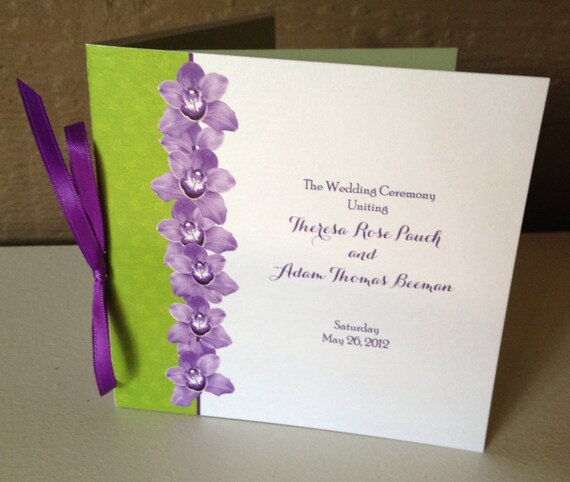 Lilac Orchid flower wedding program w purple ribbon tie From itcoa