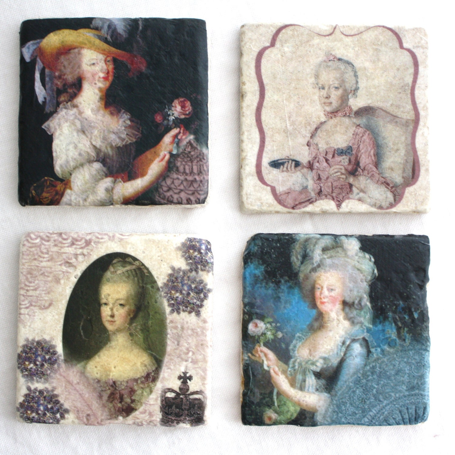 Tumbled Stone French Coasters- Marie Antoinette portraits, set of 4, water & heat safe- Free shipping insurance. French Country Decor.