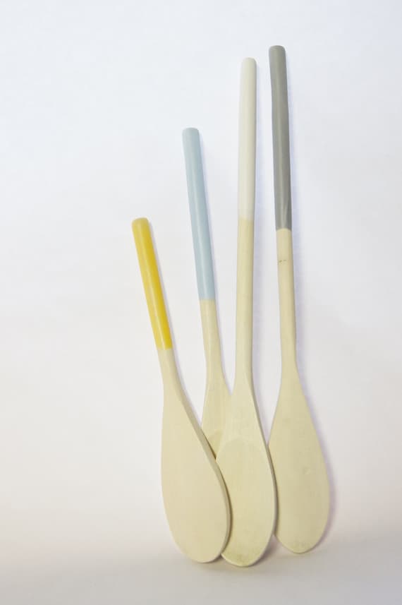 Wooden Spoons Set of 4: , Sky Blue, White, Grey and Sunny Yellow