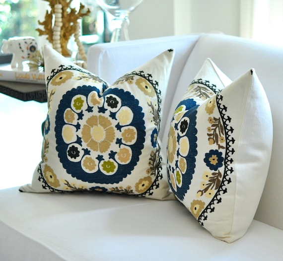 20"sq. Bukhara SUZANI Embroidery pillow cover in Teal Blue