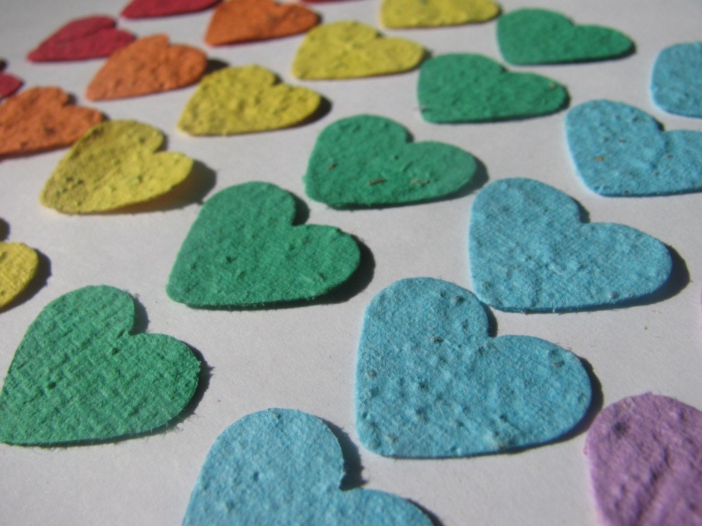 100 Rainbow colored plantable heart confetti- homemade paper embedded with flower seeds