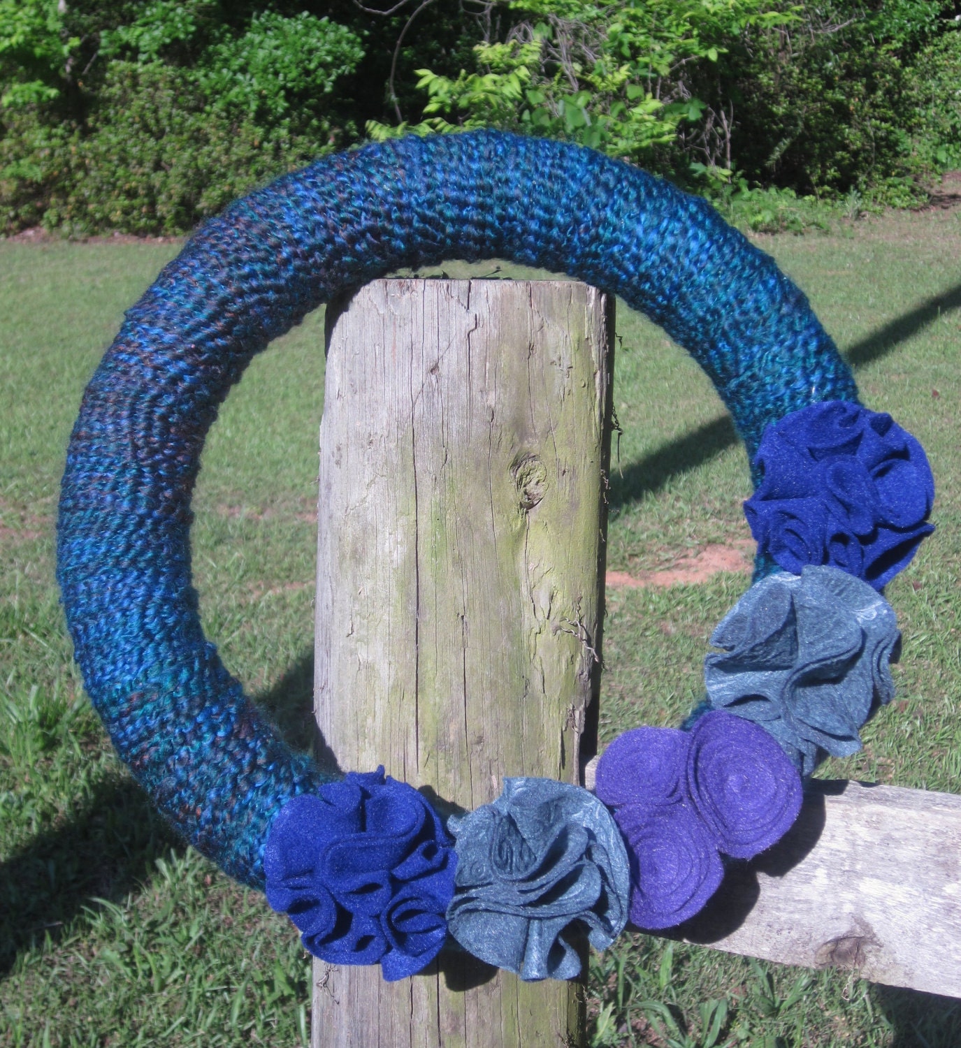 Dark Blue, Teal Green and Purple Yarn Wreath