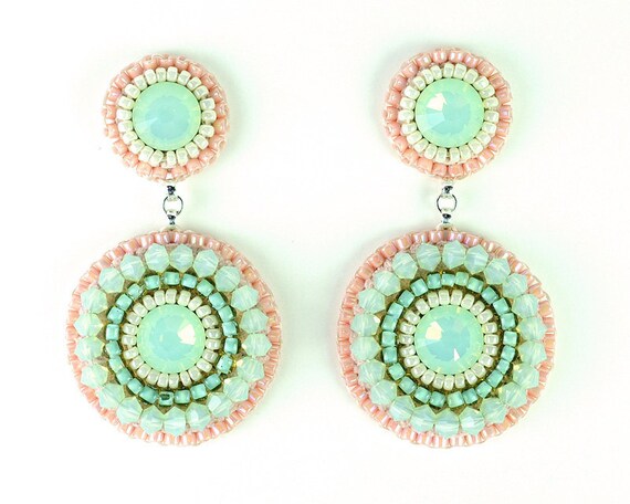 Mint peach earrings mint coral pink Swarovski crystal chandelier earrings 