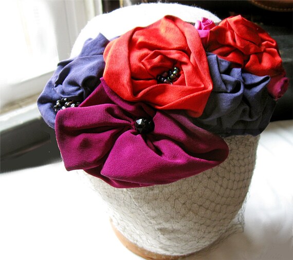 Red Rose Headpiece with Birdcage Veil