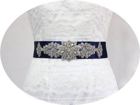  Vintage Inspired Wedding Bridal Crystal Rhinestone Beaded Sash Belt Navy
