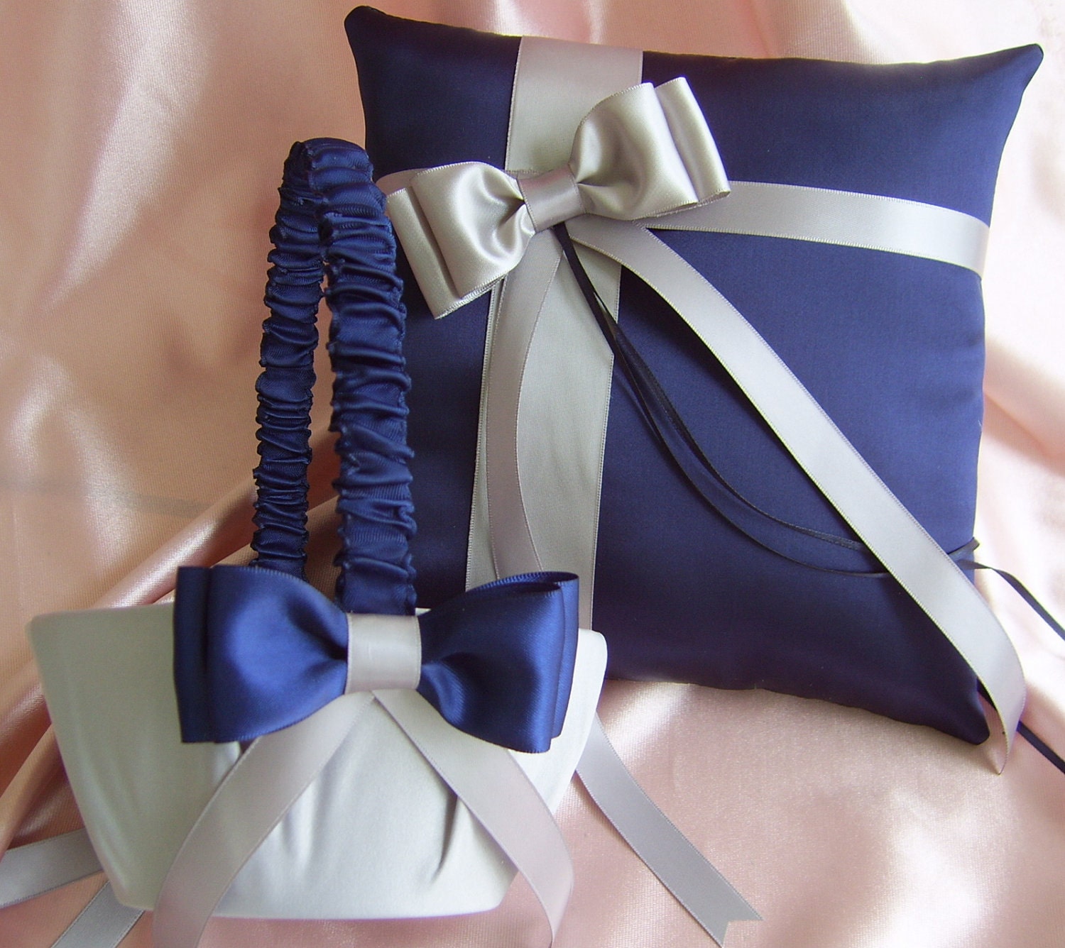 Navy Blue And Silver Grey Wedding Accessories Flower Girl Basket And Ring 