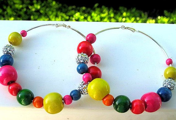 Colorful Spring Wood Bead Hoop Earrings - Multi-color Wood Beads