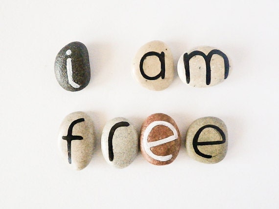 7 Magnets Custom Letters or I am Free Quote Beach Pebbles 