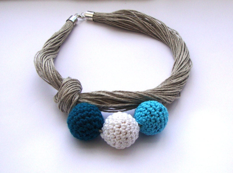Natural linen necklace, eco style bib,turquoise, statement necklace, summer fashion necklace, organic jewelry