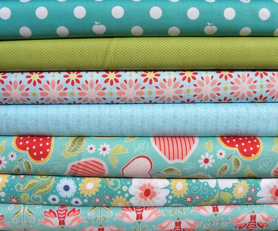 The Quilted Fish for Riley Blake Apple of My Eye Blue Colorway 1 Yard Bundle of 7