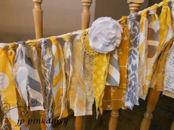 Yellow Gray Wedding Banner Baby Shower Shabby Chic Garland Torn Fabric 