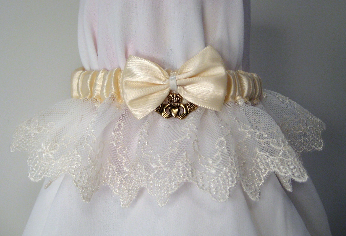 Claddagh charms Wedding Garter lvory Satin and lace FREE SHIPPING