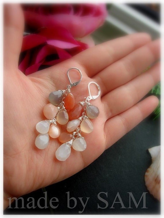 Peach coral gray moonstone bridesmaid gifts bridal wedding jewelry earrings