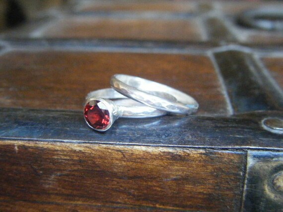Rustic Garnet and Sterling Silver Stack Rings Size 5