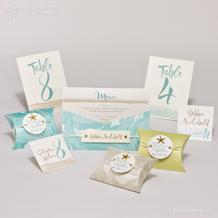 Paulina and Walter beach themed table numbers place cards favor containers