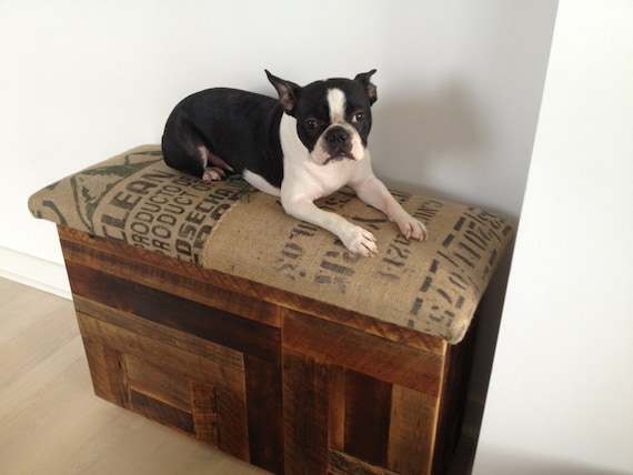 Salvaged wood and recycled coffee sack storage benches