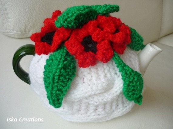 Tea Pot Cozy, Knitted tea cosy, white color teapot cozy with red flowers, mothers day gifts by IskaCreations