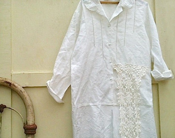 rustic Linen dress prairie tunic italian linen lace belgian lace bride 