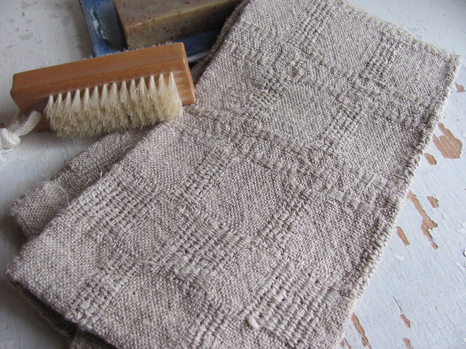 Natural Rustic Linen Hand Woven Hand or Bath Towel with Textured Pattern Weave