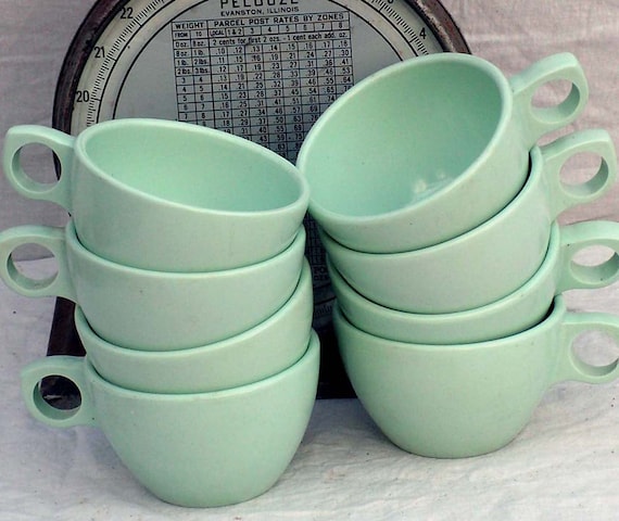 Prolon Florence Coffee Cups Aqua Pale Jadite Green Melmac Melamine Set Of 6 Six 1950s Mid Century Kitchen Dining Ware
