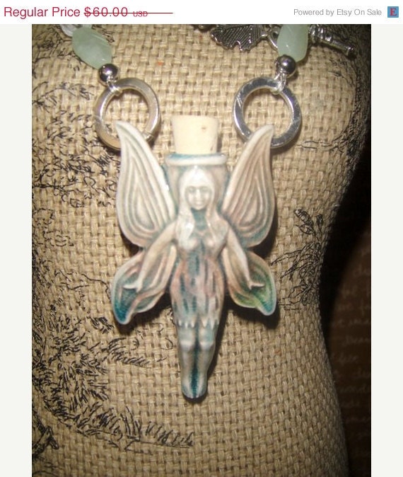 MothersDaySale For the Love of a Fairy              (Ceramic Fairy Bottle and Green Jade Leaves)