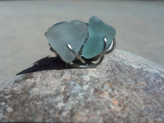 Two Hearts Beat as One.beach Glass Heart Ring US size 6 3/4 7 Alpaca Silver Rustic Modern