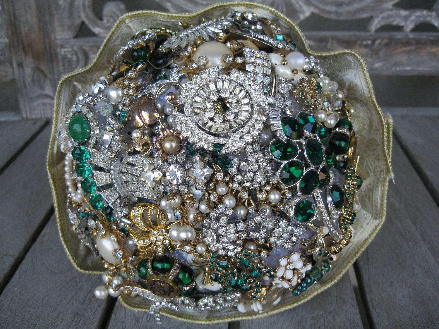 Emerald Green Clear Rhinestone Gold Vintage Wedding Bridal Brooch Bouquet