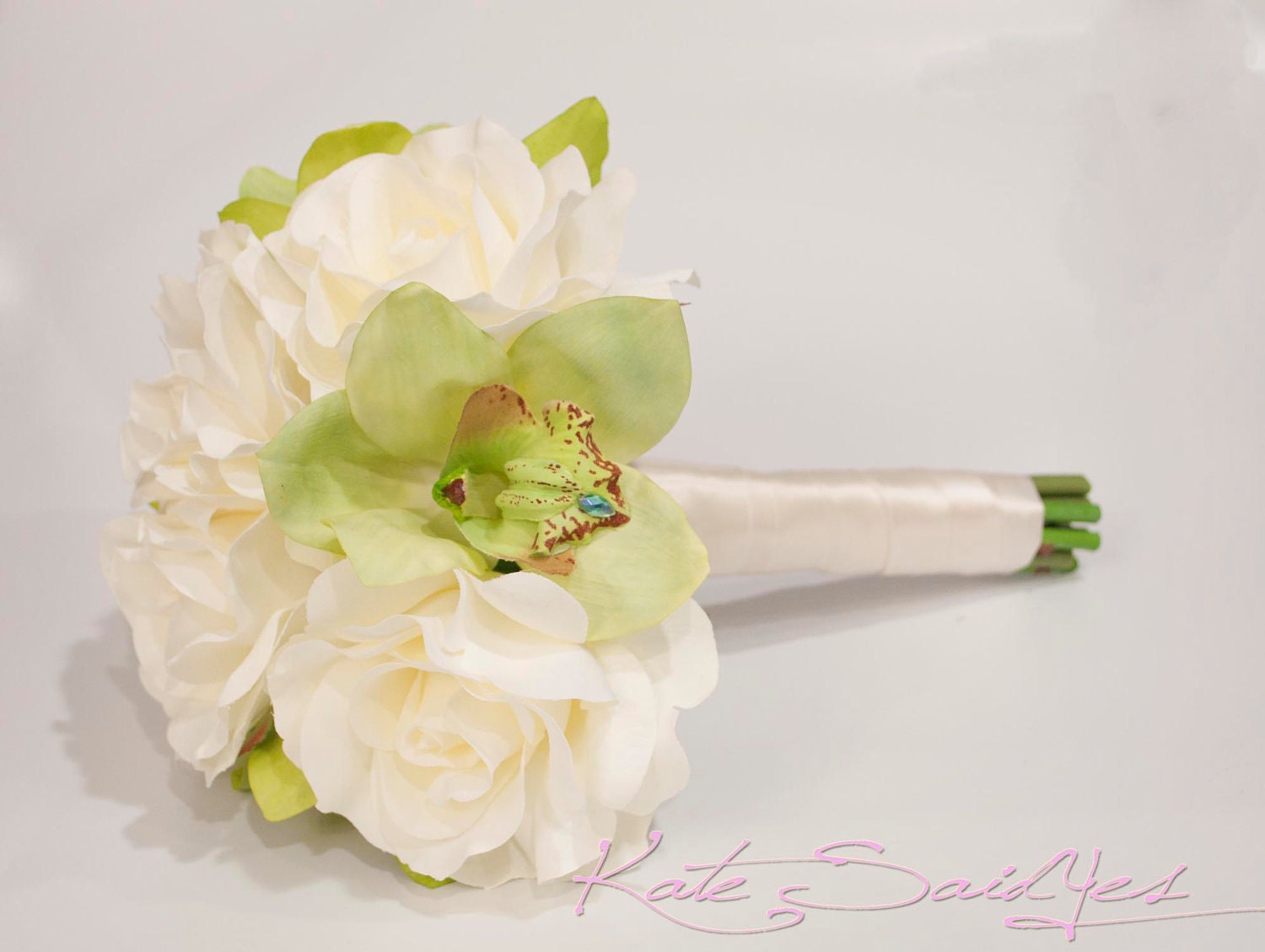 Orchid Bridal Bouquet Ivory Rose and Green Orchid Silk Wedding Bouquet