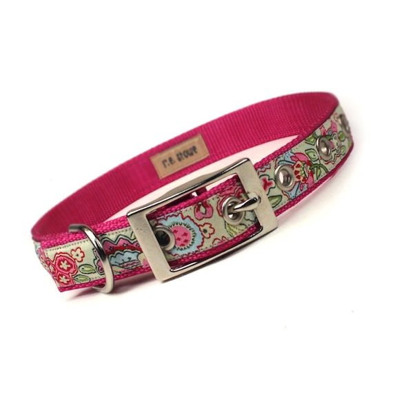 pink and green jacobean metal buckle dog collar (3/4 inch)