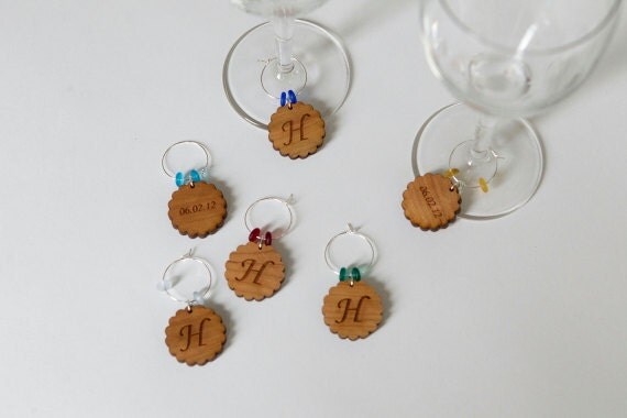 Personalized wedding wine glass charms Rustic wood wine charms One set 