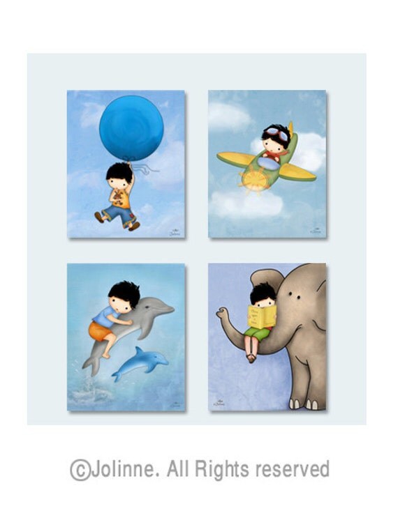 Boys art prints, blue nursery decor, children wall art , baby room art, kids pictures, elephant , books, dolphins, airplane, bunny