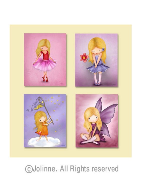 Girls room art prints, children wall art, baby nursery decor, pink, purple room decoration, kids poster , ballerina angel wall art