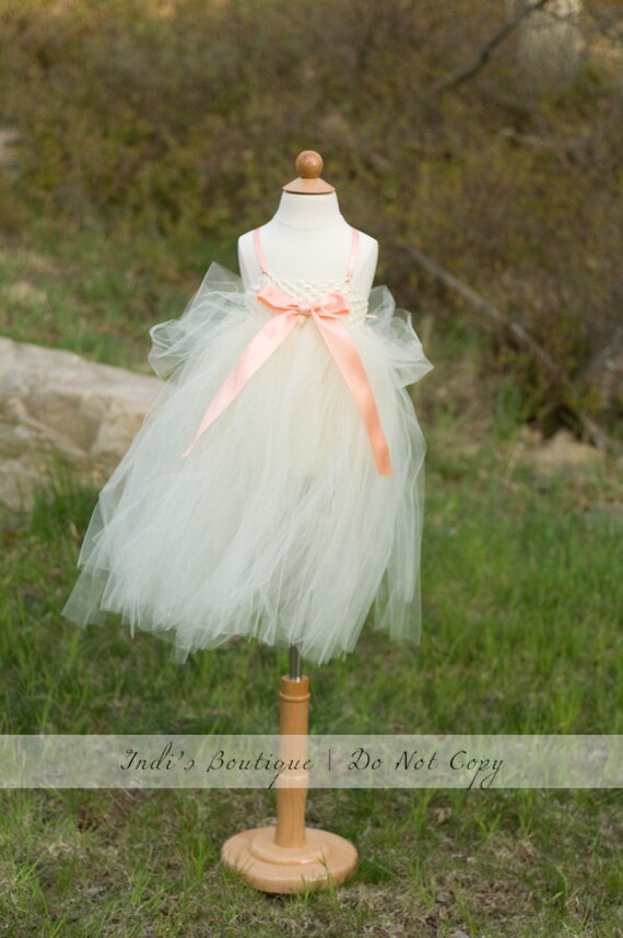Adeline Tutu dress Ivory tulle and ivory crochet top with peach and lace 