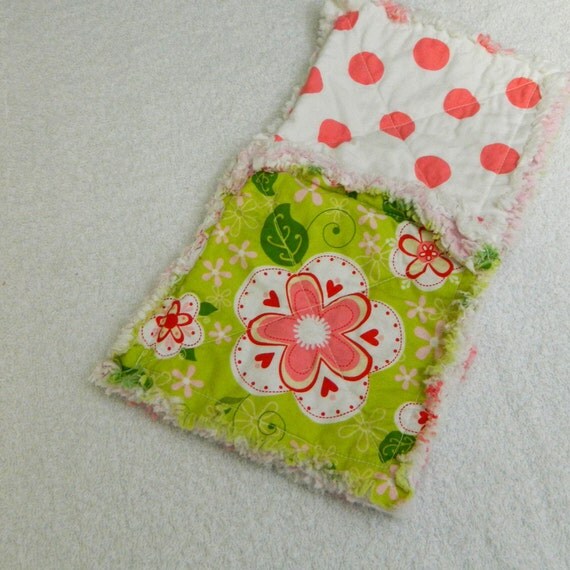 Girl Baby Blanket -  Pink, Red & Green Flowers and Dots Small Rag Quilt Lovey