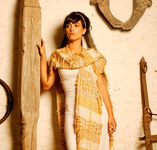 GOLD - handwoven ruana shawl cover shoulders tunica - in gold cream - (I09/041)