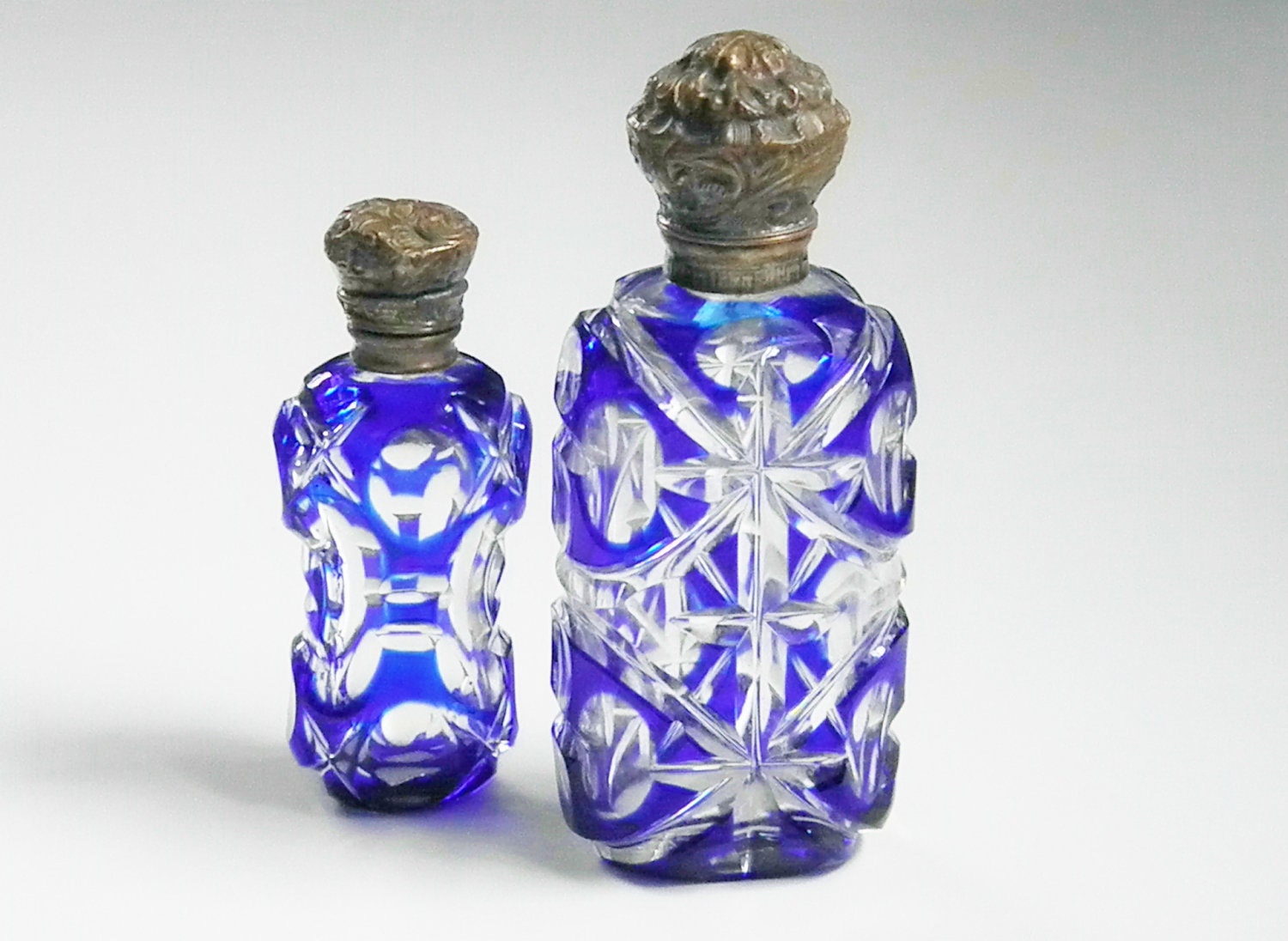 Victorian French Blue cut to Clear Glass Perfume Bottles- GrandVintageFinery