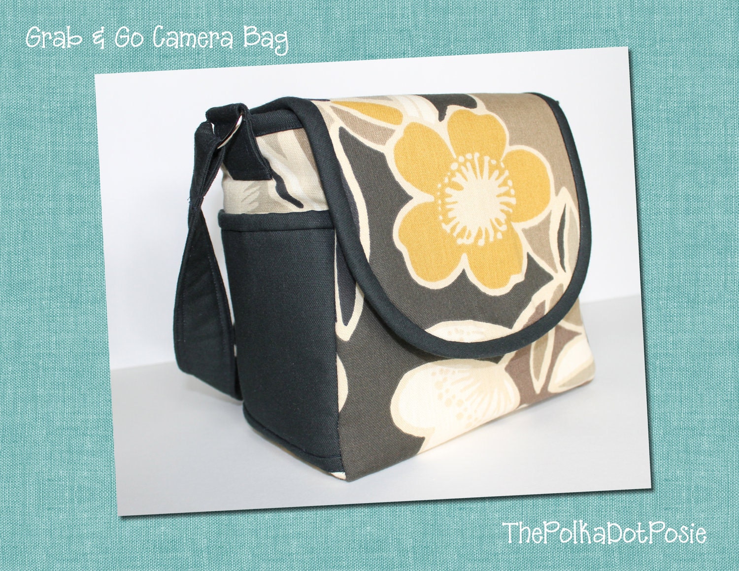 Grab & Go Camera Media Bag in Yellow, Cream and Black Floral