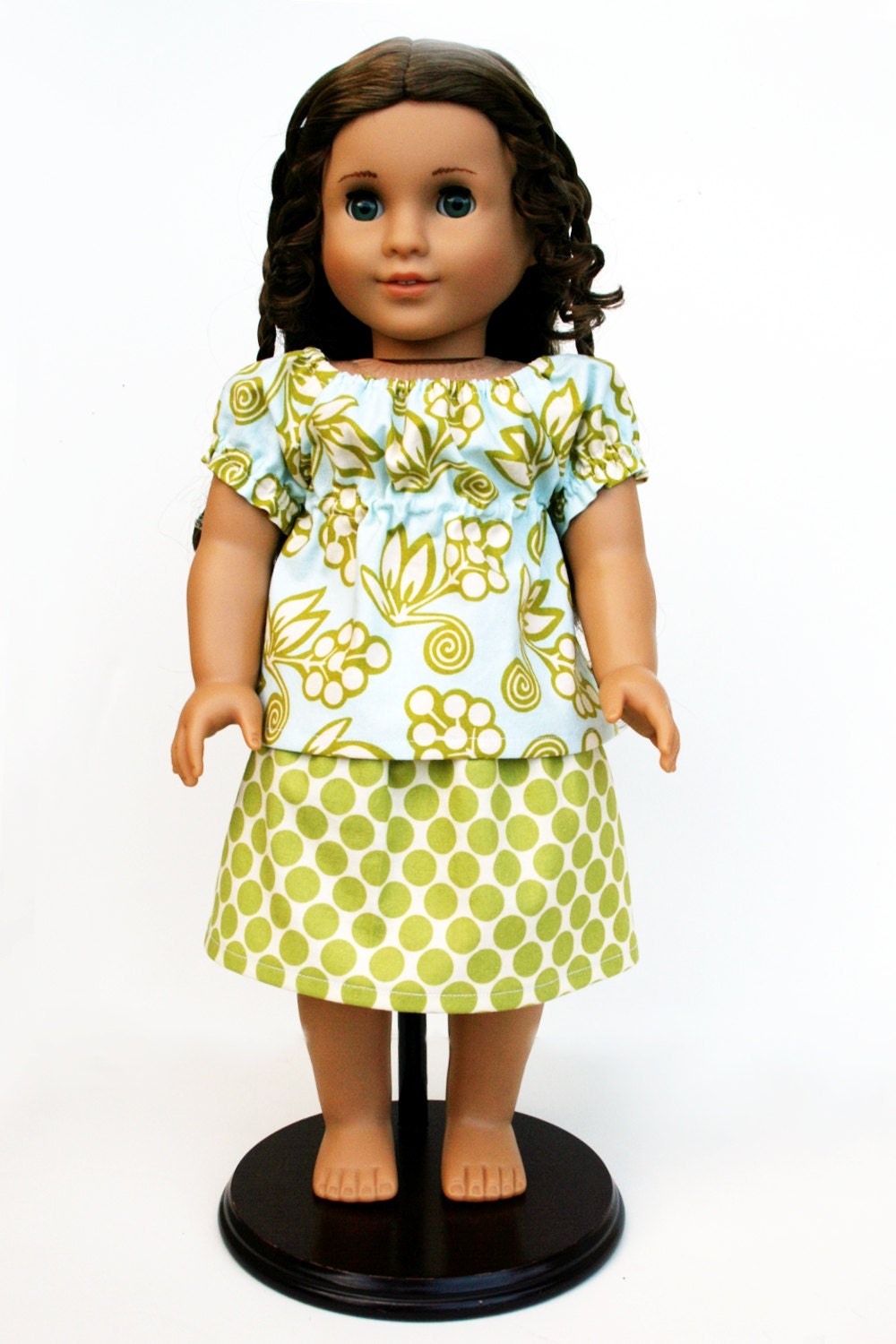 American Girl Doll Clothing - Aqua Babydoll Top and Lime Ta Dot Skirt