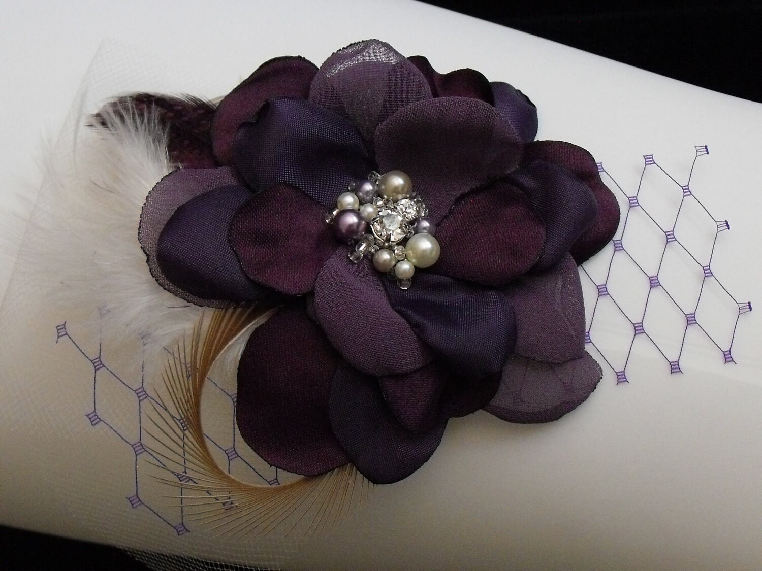 Vintage Flower Fascinator Vintage Headpiece PlumPurple Ivory Champagne 