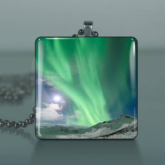 The Northern Lights - J70  /Large Glass Tile Pendant / Buy 2 Get 3rd Free / Includes Chain and Free Shipping
