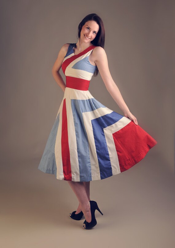 Red, white & blue cotton Olympic, Wedding, Races Union Jack 50's party dress for ALL AGES. Limited Edition.