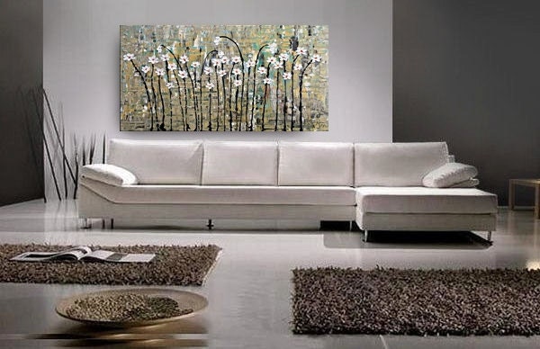 ORIGINAL White Flower Painting 48x24 Abstract Landscape Artwork Flowerscape Heavy Textured Modern Contemporary art Made to Order by OTO