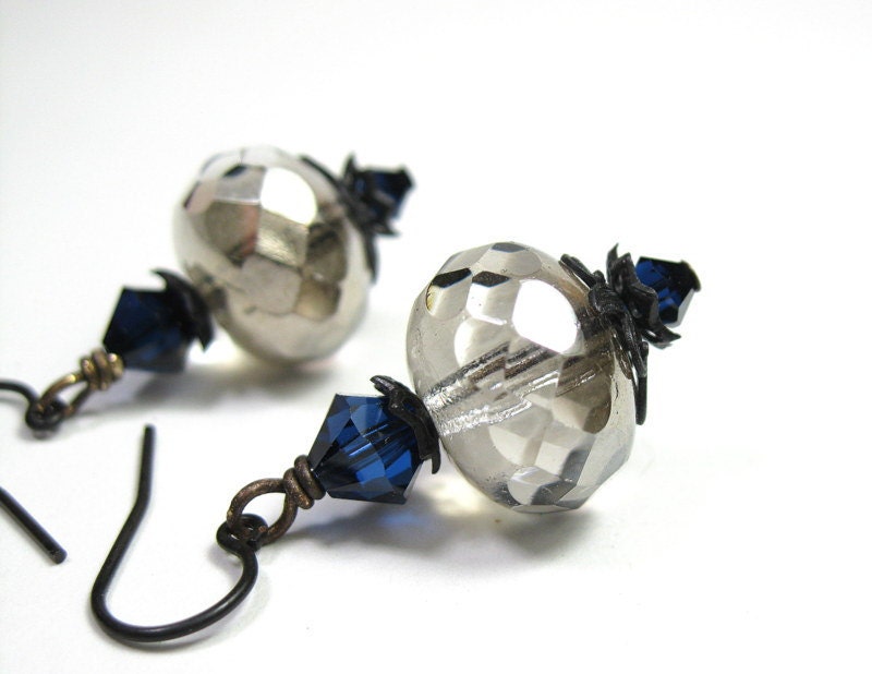 Platinum Czech Glass, Indigo Swarovski, Earrings